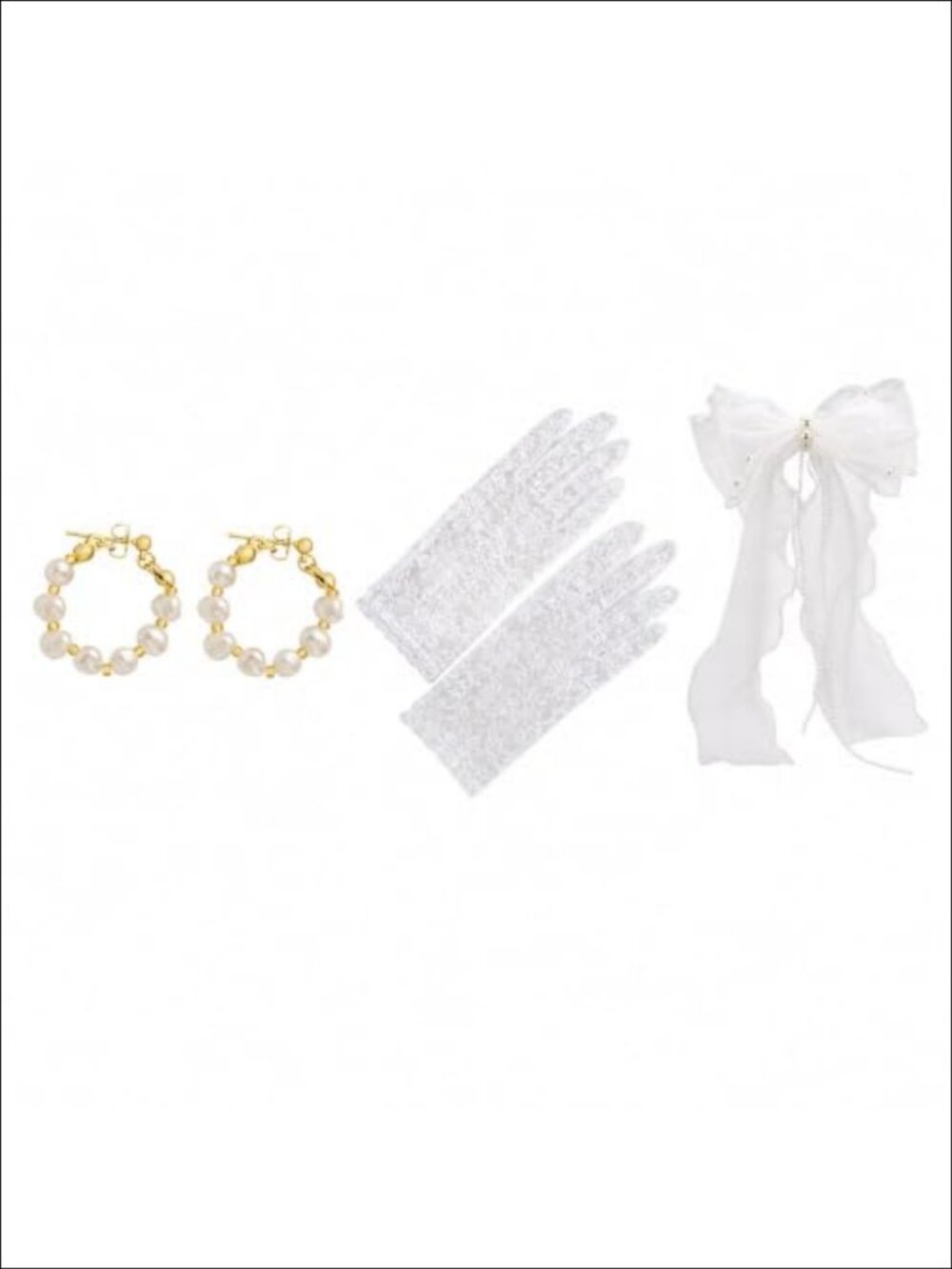 Bridal Hair Accessory Set Tulle Bow Clip Pearl Earrings Lace Gloves Wedding
